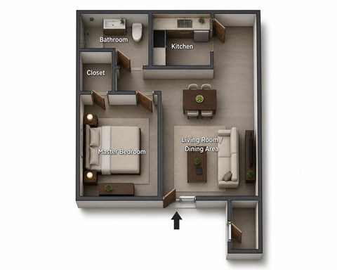 Floor plan for 1 bed, 1 bath, 652 sqft